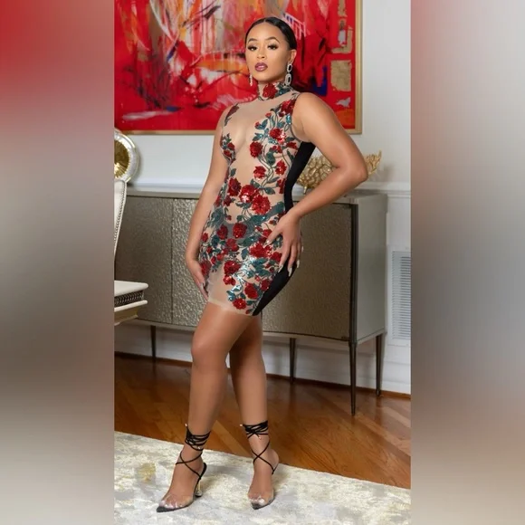 Red Sequin Flowers & Mesh Dress - Picture 3 of 15